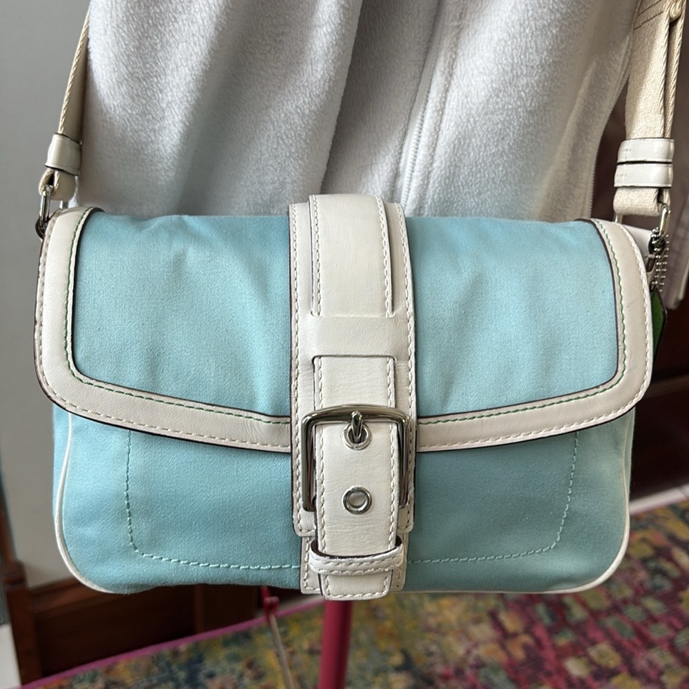 Coach  Hampton shoulder Crossbody bag  light blue canvas  white leather trim EUC